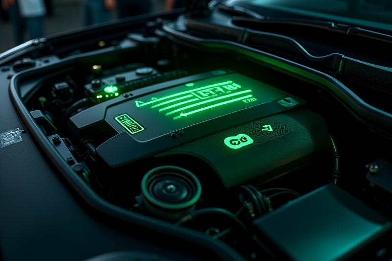 Un motor de automóvil moderno con efectos de ahorro de combustible y reducción de emisiones, representado con elementos gráficos verdes y flechas de eficiencia.